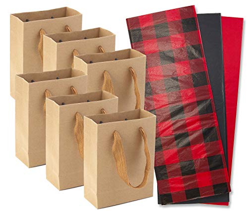 Product Cover Buffalo Plaid Tissue Paper Gift Wrap (18) with Kraft Gift Bags (6) - Makes 6 Gift Sets (Mixed Pack)