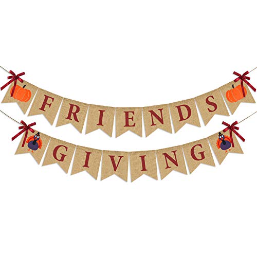 Product Cover Friendsgiving Banner Burlap | Thanksgiving Decorations | ThanksGiving Burlap Banner | Rustic Thanksgiving Friends Giving Turkey Pumpkin Bunting | Thanksgiving Party Supplies Fireplace Mantle Decor