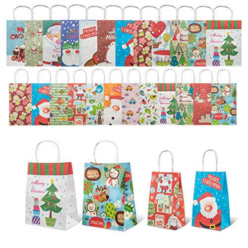 Product Cover Christmas Gift Bags, 24 Pieces with Assorted Christmas Prints for Kraft Holiday Paper Gift Bags, Christmas Goody Bags, Xmas Gift Bags, Classrooms and Party Favors by MIJOYEE