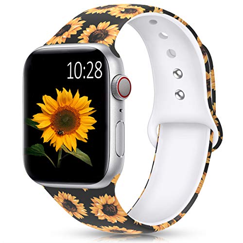 Product Cover HUMENN Band Compatible with Apple Watch 38mm 40mm 42mm 44mm,Fadeless Pattern Printed Floral Silicone Bands for iWatch Series 5,4,3,2,1/Women Men Sunflower 42mm/44mm M/L