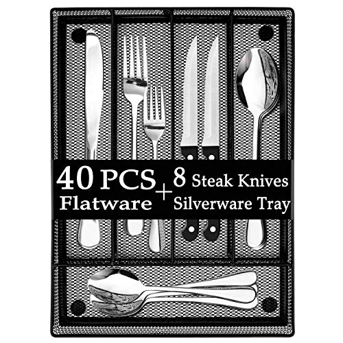 Product Cover LIANYU 40-Piece Silverware Set with 8 Steak Knives, Silverware Utensil Drawer Organizer, Stainless Steel Cutlery Flatware Eating Utensils Set Service for 8, Dishwasher Safe, Mirror Polished