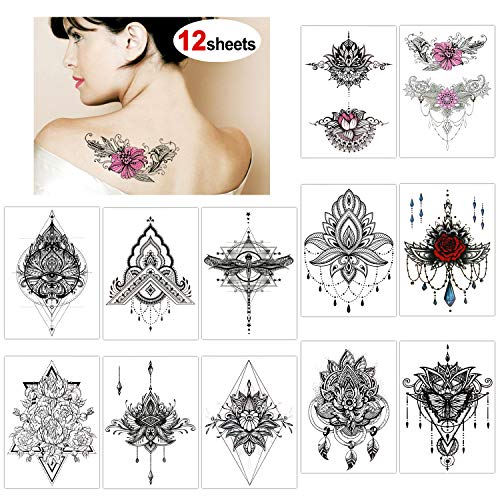 Product Cover Konsait 12 Sheets Henna Temporary Tattoos Black Art Stickers Sexy Mandala Flower Festive Tattoo Fake Waterproof Temporary Tattoos for Women Adult Girls Cover Up Back Arm Neck