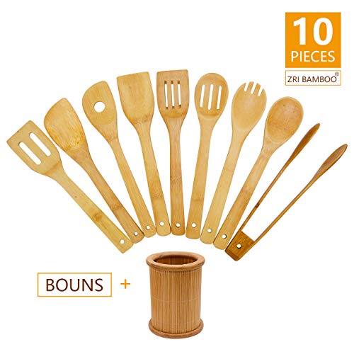 Product Cover Wooden Spoons Spatulas Kitchen Tongs - 9 Pieces Bamboo Cooking Utensils and 1 Holder, Heat Resistant for Non Stick Cookware