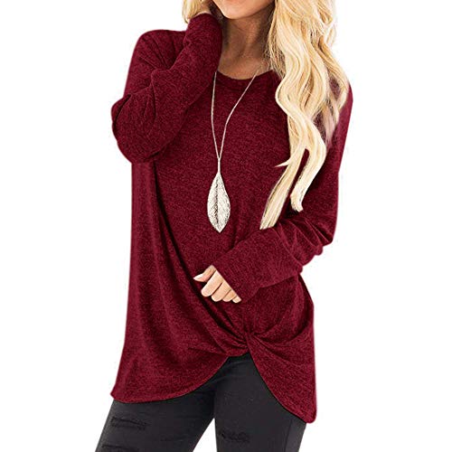 Product Cover iCJJL 2019 Women's Casual Autumn Twisted Knot Tops Blouse Solid Crewneck Loose T-Shirt Long Sleeve Tunic Sweatershirts Wine