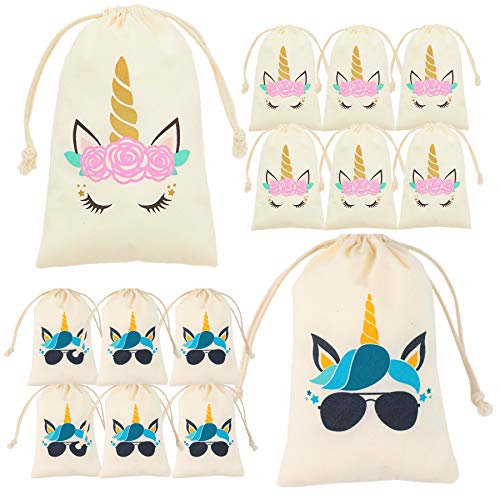 Product Cover Unicorn Party Favor Bags for kids - 12 Unicorn Goodie bags for Candy, Treat and Gift. Unicorn Drawstring Bags for Boys and Girls Birthday Party Supplies by My Greca