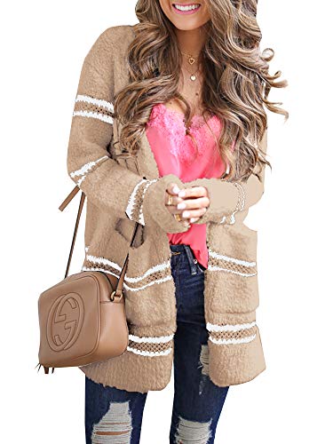 Product Cover Meikulo Womens Open Front Striped Cardigan Sweaters Fuzzy Knit Loose Fit Outwear with Pocket Khaki