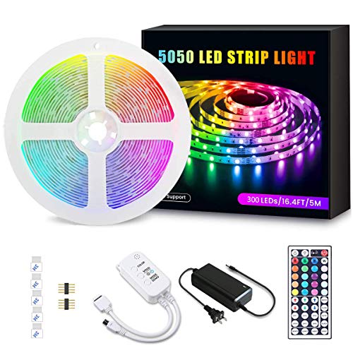 Product Cover LED Strip Lights, AUSPICE Color Changing RGB 16.4ft Flexible LED Rope Light, IP65 Waterproof 300 LEDs 6 Modes with IR Remote Controller to Control, 12V Power Supply for Home Decoration, Parties