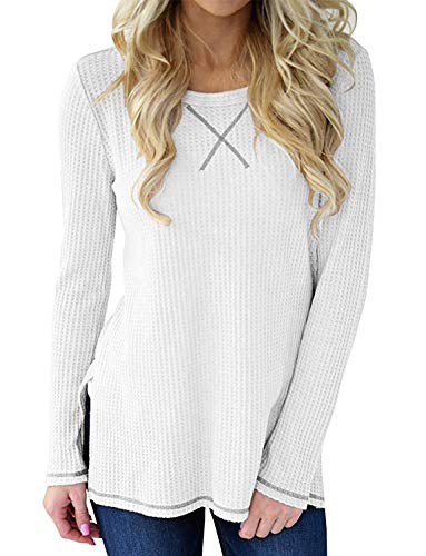 Product Cover Hount Womens Casual Long Sleeve Waffle Shirts Cute Knit Loose Pullover Tops (White, XXL)