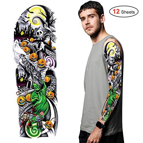Product Cover Konsait 12Sheets Nightmare Before Christmas Large Full Arm Temporary Tattoos Temporary Sleeve Tattoos Fake Body Art Arm Tattoo Black Tattoo Body Stickers for Kids Adults