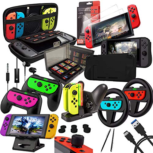 Product Cover Switch Accessories Bundle - Orzly Geek Pack for Nintendo Switch: Case & Screen Protector, Joycon Grips & Racing Wheels, Switch Controller Charge Dock, Comfort Grip Case & More - JetBlack
