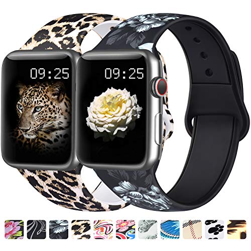 Product Cover [2 Pack] Sport Band Compatible with Apple Watch Band 38mm 42mm 40mm 44mm, Soft Silicone Sport Wristband Strap for iWatch Series 5/4/3/2/1 (.Floral Grey/Leopard, 38mm/40mm-S/M)