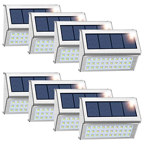 Product Cover ROSHWEY Solar Deck Lights Outdoor, Waterproof Step Lamps Stainless Steel 30 LED Walkway Security Lights for Garden Fence Patio Pathway (Cool White Light, 8 Pack)