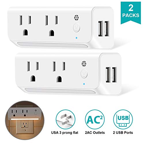 Product Cover USB Multi Plug Outlet Extender 2 Packs with USB and Dusk-to-Dawn Sensor Night Light, Wall Charger Adapter with 2 AC Outlets 2 USB Ports Power Strip for Cruise Living Room Bedroom Toilet - White