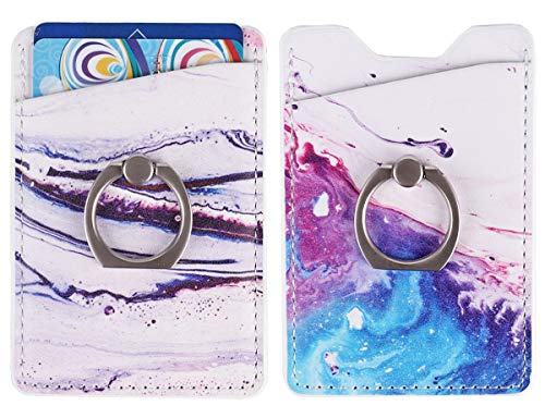 Product Cover 2Pack Adhesive Phone Pocket,Cell Phone Stick On Card Wallet Sleeve,Credit Cards/ID Card Holder with 3M Sticker for Back of iPhone,Android and All Smartphones (Sand Marble Purple with Ring)
