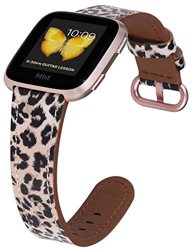Product Cover JSGJMY Compatible with Fitbit Versa/Versa 2 /Versa Lite/Versa SE Bands Women Genuine Leather Strap for Versa Fitness Smart Watch (Leopard+Rose Gold Buckle,Small Size)