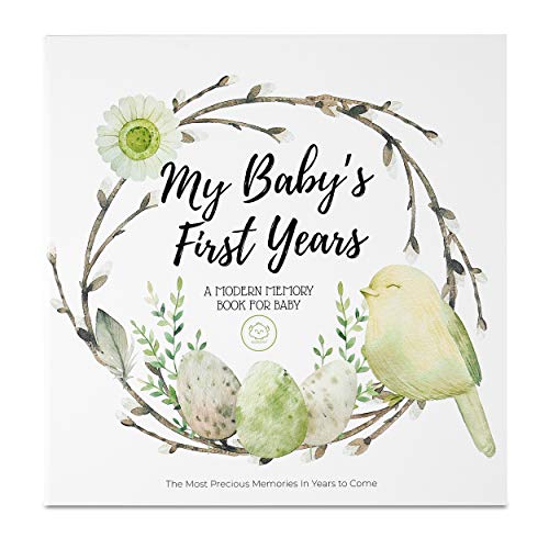 Product Cover Baby First 5 Years Memory Book Journal - 90 Pages Hardcover First Year Keepsake Milestone Newborn Journal For Boys, Girls - All Family, LGBT, Single Mom Dad, Adoptive - Milestone Photo Scrapbook Album