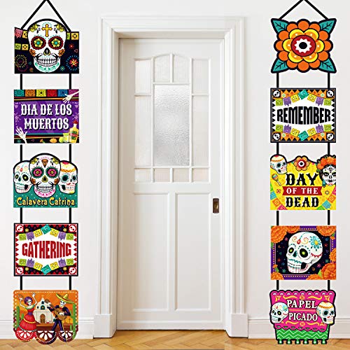 Product Cover Day of The Dead Decoration Dia de Los Muertos Banner Laminated Day of The Dead Signs Indoor Outdoor Mexican Decoration Party Welcome Porch Sign Paper Cutouts