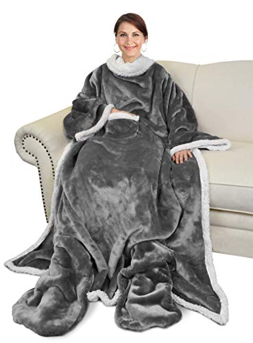 Product Cover Catalonia Sherpa Wearable Blanket with Sleeves & Foot Pockets for Adult Women Men,Comfy Snuggle Wrap Sleeved Throw Blanket Robe,Gift Idea,Grey