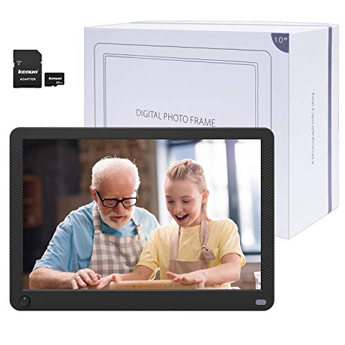 Product Cover Kenuo Digital Picture Frame 10.1 Inch Motion Sensor Include 32GB Card 1920x1080 IPS Screen Digital Photo Frame, Auto Power On/Off, Music Support 1080P Video Music, SD Card and USB
