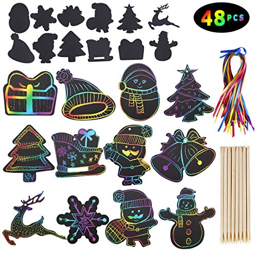 Product Cover Max Fun Rainbow Color Scratch Christmas Ornaments (48 Counts) - Magic Scratch Off Cards Paper Hanging Art Craft Supplies Educational Toys Kit with 48 PCS Drawing Sticks & Cords for Kids Party Favors