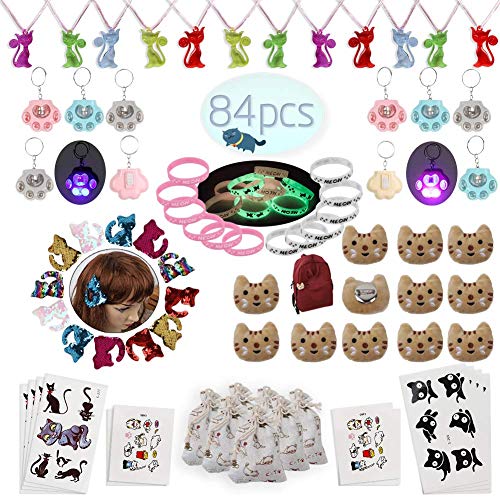 Product Cover foci cozi 84 Pack Meow Cat Party Favors Supplies-Cat Necklaces,Bracelets, Keychains, Hair Clips, Tattoos,Brooch, Gift Bags Kids Girls Goodie Bags Birthday Party Supplies