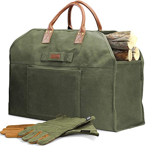 Product Cover INNO STAGE Firewood Log Carrier Bag Waxed Canvas Tote Holder with Fireplace Pure Leather Gloves Set- Green Bag