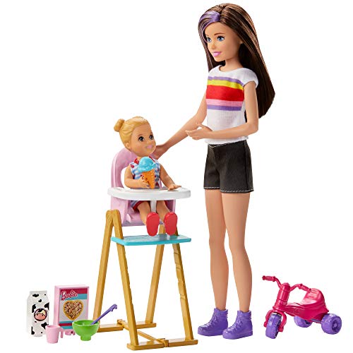 Product Cover  Barbie Skipper Babysitters Inc. Feeding Playset with Babysitting Skipper Doll, Toddler Doll with Feeding Feature, High Chair, Tricycle and Food-Themed Accessories for Kids 3 to 7 Years Old