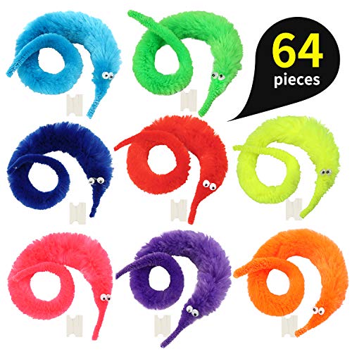 Product Cover pushang 64pcs Magic Worm Toys, Magic Wiggle Twisty Fuzzy Worm Trick Toy Party Favors (8 Colors)