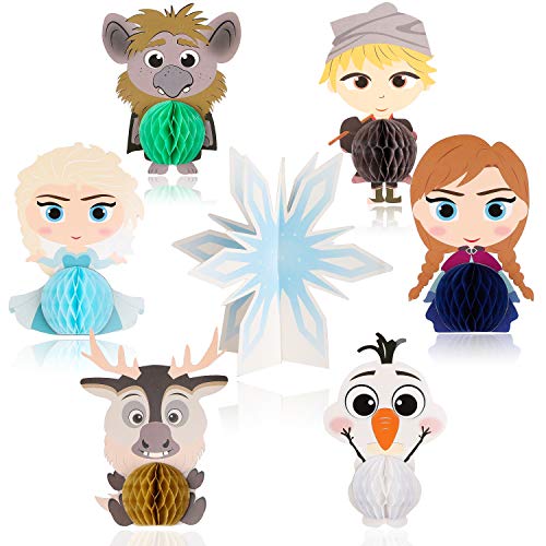 Product Cover Ticiaga 7pcs Frozen Honeycomb Centerpieces, Table Topper for Girls Birthday Party Decoration, Double Sided Cake Topper Princess Theme Party Supplies for Kids, Photo Booth Props Mix of Elsa, Anna, Olaf