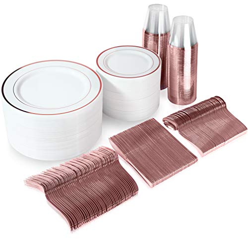 Product Cover 600 Piece Rose Gold Dinnerware Set - 200 White and Rose Gold Plastic Plates - Set of 300 Rose Gold Plastic Silverware - 100 Plastic Cups - Disposable Rose Gold Dinnerware Set for Party - 100 Guests
