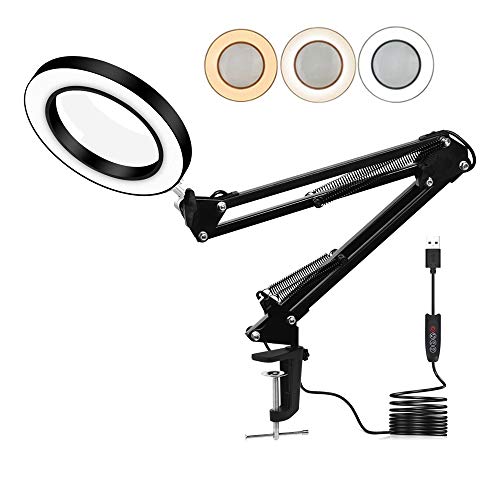 Product Cover LED 5X Magnifying Glass Light Desk Lamp - 3 Light Colors Illuminated 10 Brightness Dimmable - USB Powered Magnifier Lighted Lens Adjustable Swivel Arm and Tabletop Clamp for Close Work Craft & Reading