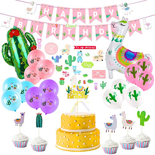 Product Cover Llama Party Supplies - Pack of 26, Llama Party Decorations with Happy Birthday Banner, Large Llama Cactus Foil Balloons, Llama Latex Balloons, Llama Cake Topper, Llama Stickers for Birthday party