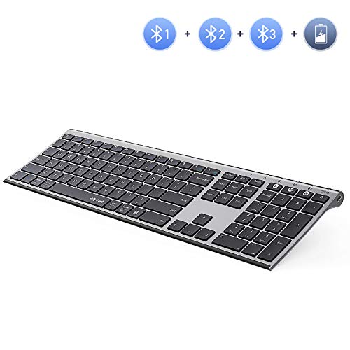 Product Cover Multi-Device Bluetooth Keyboard, Jelly Comb Full Size Ultra Slim Rechargeable Wireless Bluetooth Keyboard Compatible for iPad, iPhone, MacBook, Android, Windows, iOS, Mac OS - Space Gray