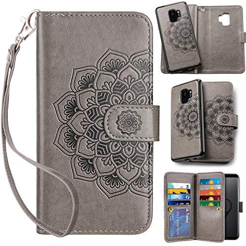 Product Cover Vofolen 2-in-1 Case for Galaxy S9 Case Wallet Credit Card Holder ID Slot Detachable Strap Hybrid Protective Slim Hard Shell Magnetic PU Leather Folio Pocket Flip Cover Case for Galaxy S9 Mandala Grey