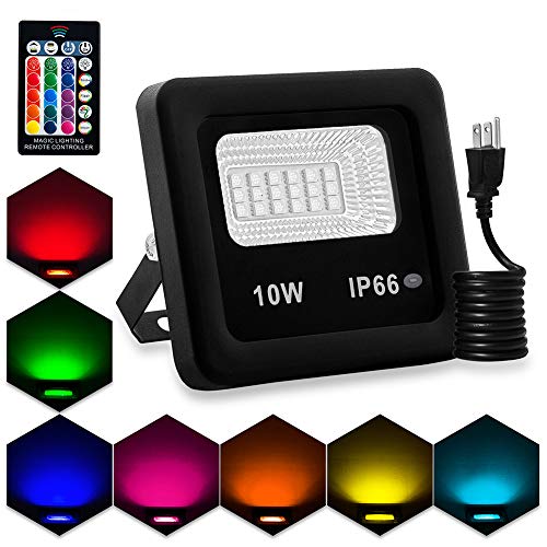Product Cover LED Flood Light,10W RGB Floodlight,Color Changing LED Floodlight Outdoor,IP66 Waterproof RGB LED Landscape Lamp,with Remote and US 3-Plug Garden Lights (Pack of 1)