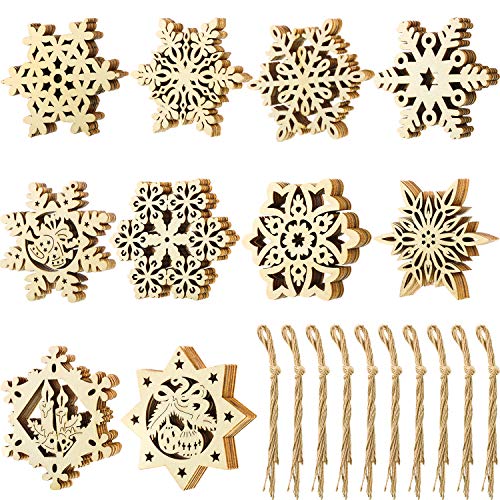 Product Cover Blulu 50 Pieces Unfinished Wood Snowflake Ornaments Christmas Wooden Snowflakes Embellishments Xmas Tree Hanging Decoration with Drawstrings for Christmas and DIY Crafts