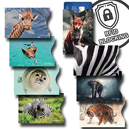 Product Cover 8 RFID Blocking Sleeves, Credit Card Protector, Anti Theft Credit Card Holder, for Men and Women, with Elephant, Zebra, Fox, Giraffe, Seal, Tiger and Pig Prints