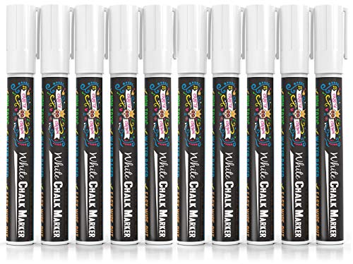 Product Cover Liquid Chalk Marker Pen - White Dry Erase Marker - Chalk Markers for Chalkboard Signs, Windows, Blackboard, Glass - 6mm Reversible Tip (10 Pack) - 24 Chalkboard Labels Included