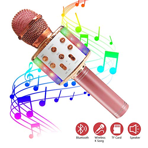 Product Cover Wireless Bluetooth Karaoke Microphone with Dynamic LED Light, 5 in 1 Portable Handheld Karaoke Speaker Microphone Machine Home KTV Player Music Recorder, for Smartphone Birthday Home Party (Rose Gold)