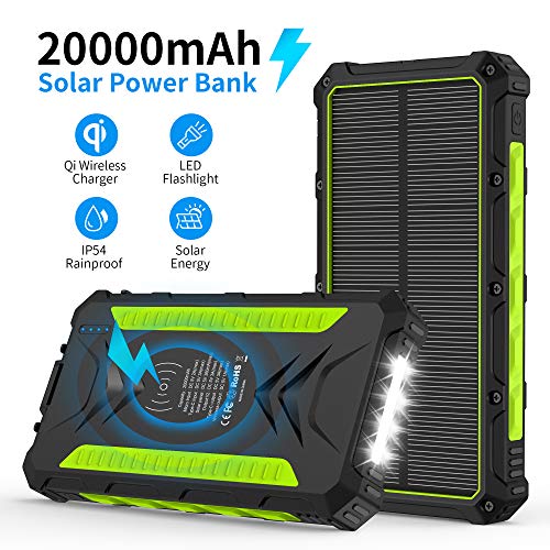 Product Cover Solar Charger, 20000mAh Qi Wireless Power Bank Portable External Backup Battery with 3 Outputs 5V/3A High-Speed and Flashlight for Camping Outdoor Huge Capacity Phone Charger for iOS Android