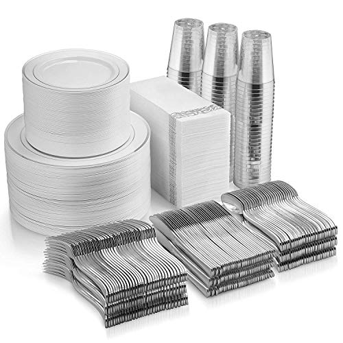 Product Cover 700 Piece Silver Dinnerware Set - 200 Silver Rim Plastic Plates - 100 Silver Plastic Silverware - 100 Silver Plastic Cups - 100 Linen Like Silver Napkins, 100 Guest Disposable Silver Dinnerware Set