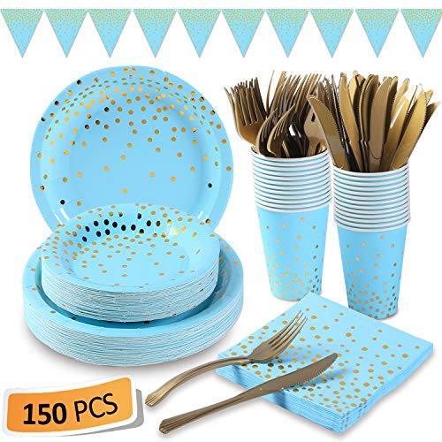 Product Cover Blue and Gold Party Supplies 150Pcs Golden Dot Disposable Party Dinnerware Includes Paper Plates, Napkins, Knives, Forks, 12oz Cups, Banner, for Baby Shower, Boy Birthday, Serves 25