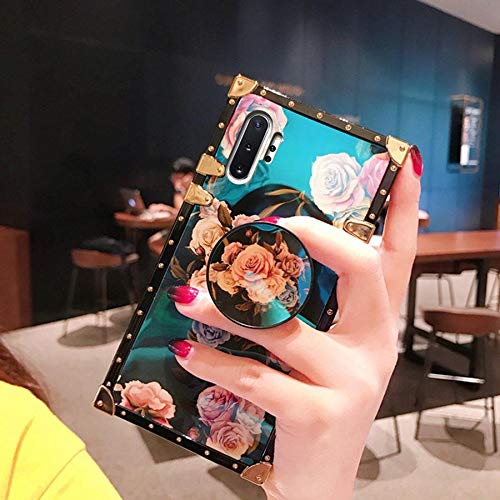 Product Cover Galaxy Note 10 Plus 5G Square Case with Stand Holder Rose Floral Flower Luxury Elegant Soft TPU Shockproof Protective Metal Decoration Corner Back Phone Case Women Girls Lady for Galaxy Note 10+ 5G