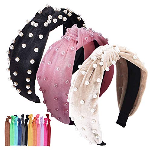 Product Cover Headbands for Women Pearl Headbands Similar Velvet Wide Headbands Head Bands Women Hair With Faux Pearl Elastic Hair Hoops Fashion Hair Accessories for Women and Girls (3 Packs)