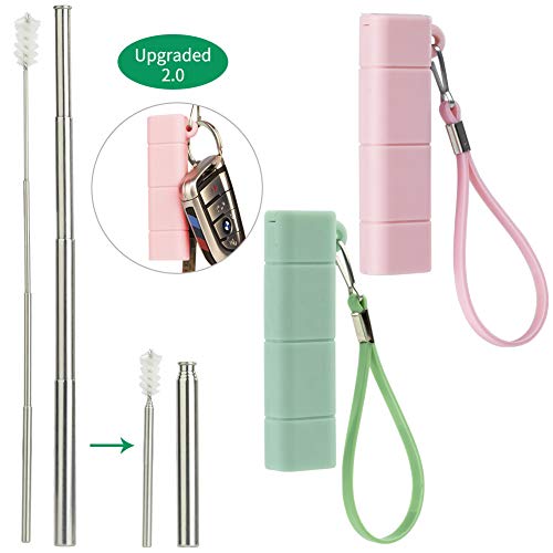 Product Cover Yoocaa Collapsible Metal Straws, 2 pack Portable Reusable Straws with Case, Foldable Travel Drinking Straws with Cleaning Brushes & Key Chains, Pink & Green