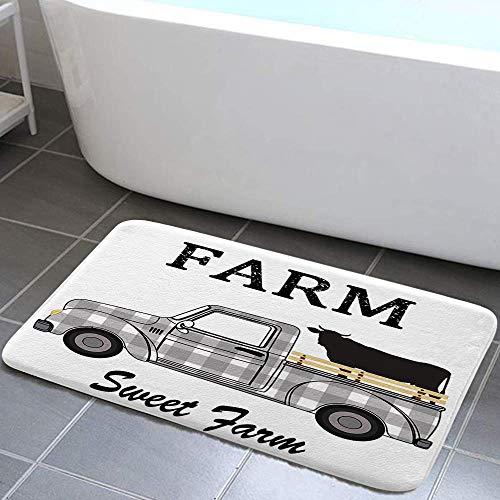 Product Cover Rustic Black and White Plaids Farmhouse Cattle Truck Bathroom Rug Bath Mat, Vintage Western Sweet Farm Animals Cow on Retro Pickup Truck Car Shower Mat, Non-Slip Doormat Floor Bedroom Door Mat,17X29in