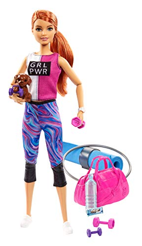 Product Cover  Barbie Fitness Doll, Red-Haired, with Puppy and 9 Accessories, Including Yoga Mat with Strap, Hula Hoop and Weights, Gift for Kids 3 to 7 Years Old