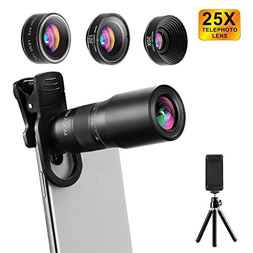 Product Cover Phone Camera Lens, CESCOM 9 in 1 Cell Phone Camera Lens Kits, 25X Telephoto Zoom Lens, 20X Macro Lens, 120° Wide Angle Lens, 198° Fisheye Lens for iPhone 11 Pro/X/XR/XS Max/8+/7, Google and Android.