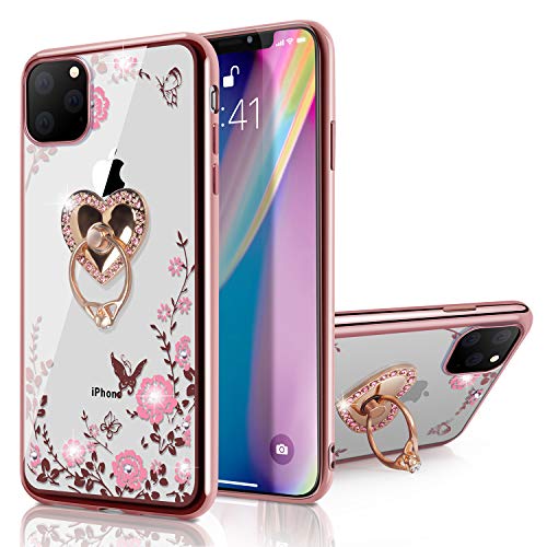 Product Cover iPhone 11 Pro Max Case 6.5 inch 2019, Clear Body Rose Golden Edge Flower Print Soft TPU Cover with Rotatable Heart-Shaped Ring Kickstand Fit Magnetic Car Mount for Apple iPhone 11 Pro Max
