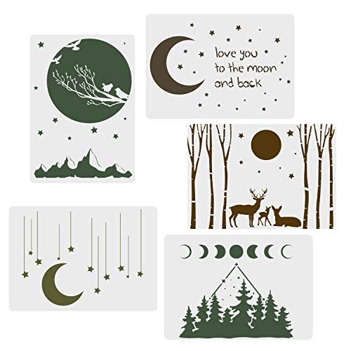 Product Cover CODOHI 5 Packs Moon Stars Stencils - Night Sky Elk Forest Pattern Moon Phase A4 Art Reusable Mylar Template for Journaling, DIY Home Decor 11.7